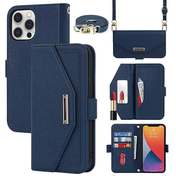 Kompatibel med iPhone 12 Pro Max Kryss Tekstur Lanyard Lær Telefonveske-Perfet Blue