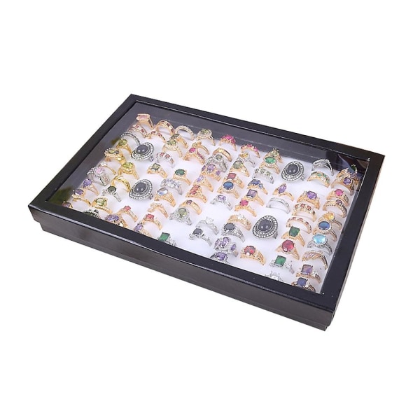 Velvet 100 pladser Ring Øreringe Display Box Showcase Opbevaringspose Holder taske - Perfet black