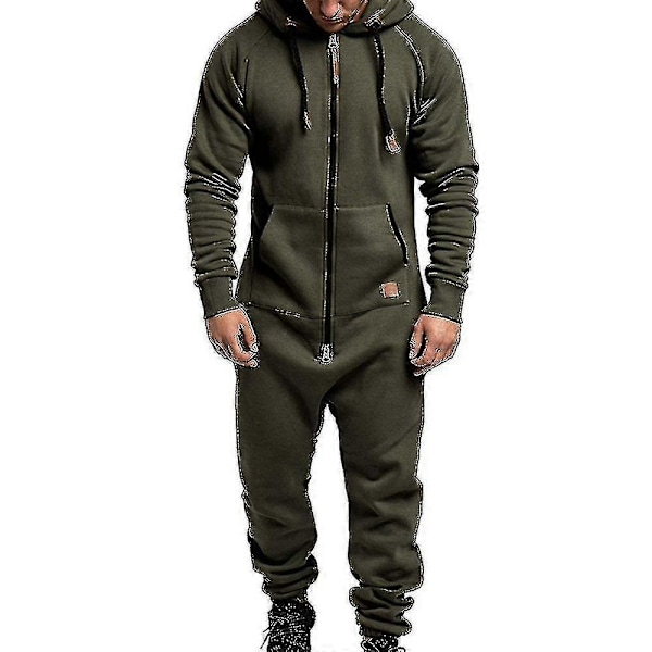 Mænds Enkeltdel Hoodie Lynlås Jumpsuit Vinter Casual Hættetrøje Bodysuit Jumpsuit - Perfekt Army Green 3XL