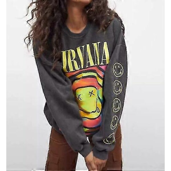 Nirvana Smiley Face Crewneck Sweatshirt Heliconia Farve Nirvana Sweatshirt Gave-Perfekt Grey 3XL