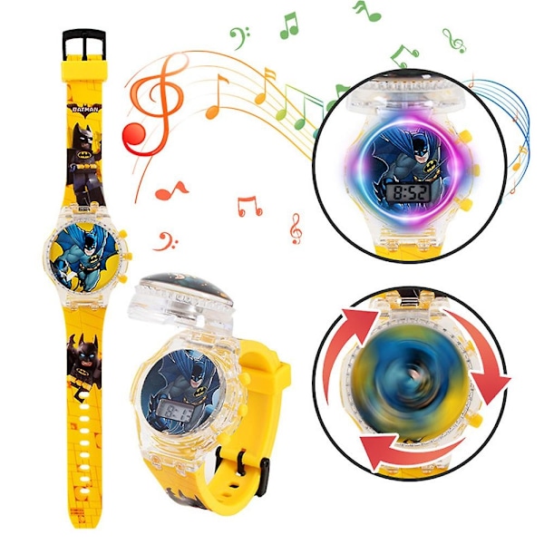 Barn Klocka Cartoon Watch Blinkande Ljus Upp Glow Digital Musikklockor Snurrande Topp Flip Cover Armbandsur Leksak-Perfet Batman