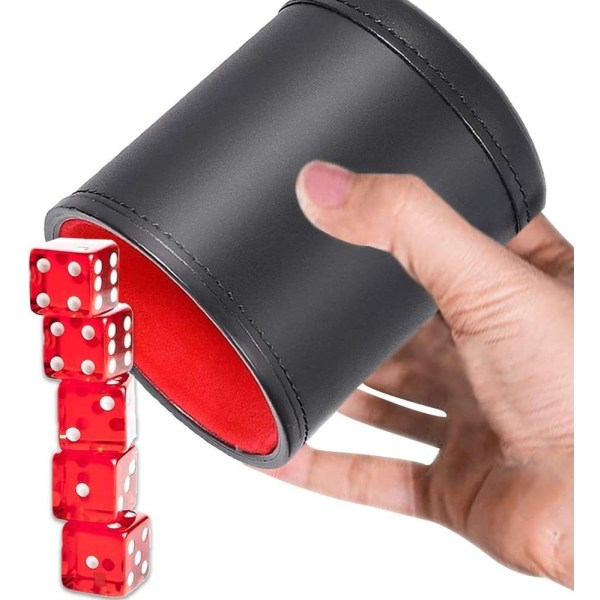 Læder terningkop, lydisolerede læderterninger med 5 røde terninger - Perfet
