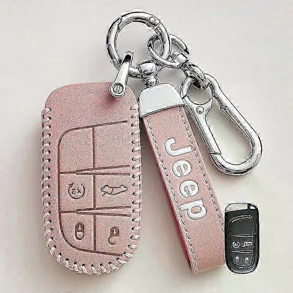 Nytt Läder Bilnyckel Fodral Kompatibelt med Jeep Renegade Compass Grand Cherokee Kompatibelt med Chrysler 300C Wrangler-Perfekt C-pink