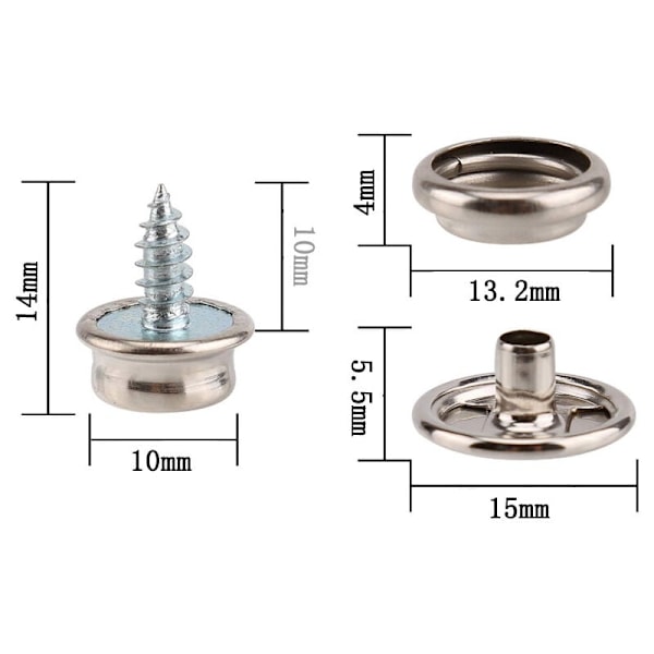 Pakke med 50 marine trykknapper i rustfritt stål med 2 installasjonsverktøy (10 mm), trykknapper, presenningstrykknapper, metalltrykknapper, presenningsskruer, stålpinner - Perfekt