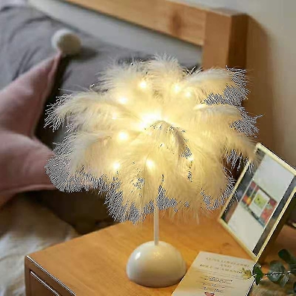 Höyhenpöytälamppu Aa Akku Power Tee-se-itse Creative Lämmin Light Tree Höyhen lampunvarjostin Häät Kodin Makuuhuoneen Sisustus - Perfet White