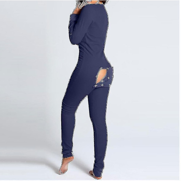 Långärmad Jumpsuit med Bakficka för Kvinnor - Onesie Pyjamas Bodycon Nattkläder för Vuxna - Hög Kvalitet B L