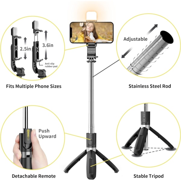 NOE Selfie Stick-stativ med ljus, 4 i 1 360° Rotata - Perfet