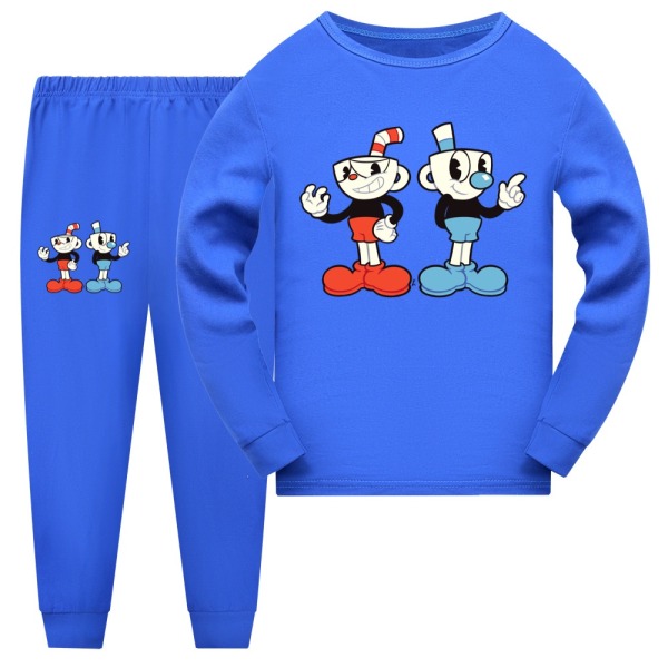 2kpl Kid Pyjamas Cuphead Line pitkähihainen set yöasu - Perfet Dark Blue 150cm