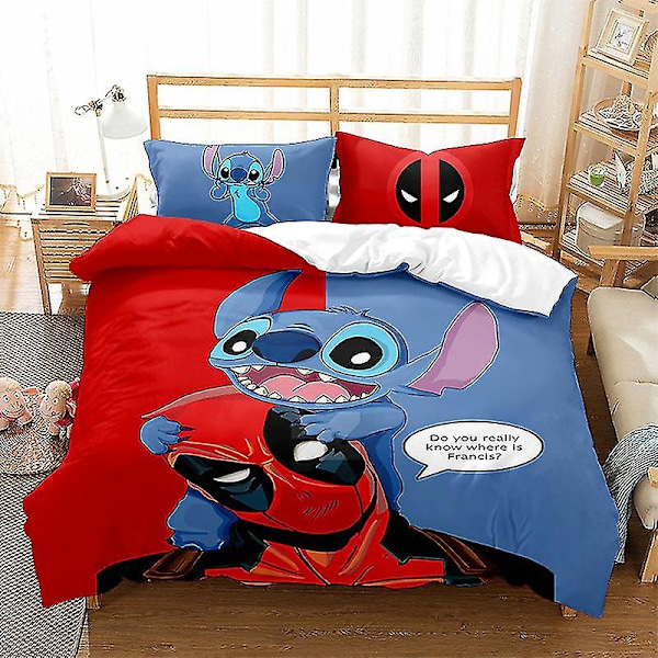 Stitch Deadpool 3D-tryckt Sängklädesset Täcke Överkast Kuddfodral Barn Tonåring Julgåva - Perfekt AU KING 220x240cm