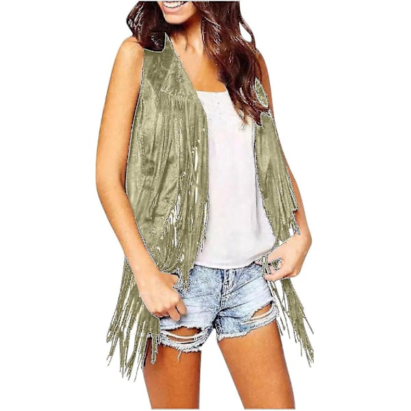 70'er Toppe Kompatibel Kvinder Cowgirl Skjorte Disco Fringe Vest Jakke-Perfet Green S