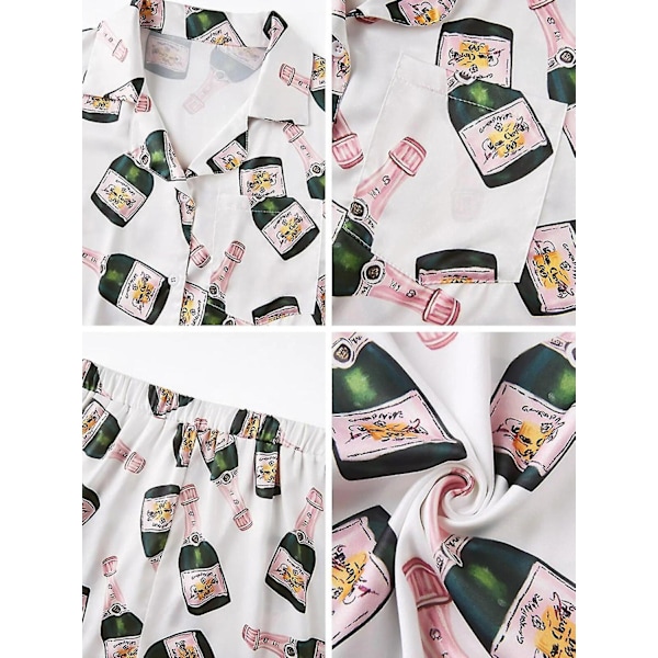 Champagne Flasker Knapper Pyjamasæt Kvinder Trykt Korte Ærmer 2 Dele Blød Løstsiddende Casual Natskjorte Komfortabel Hjemmetøj-Perfekt XL