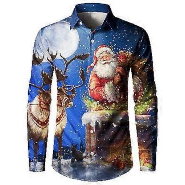 Herrar Business Casual Långärmad Skjorta Glimmande Guldträdälg Tryck Julskjorta-Perfekt blue XXL