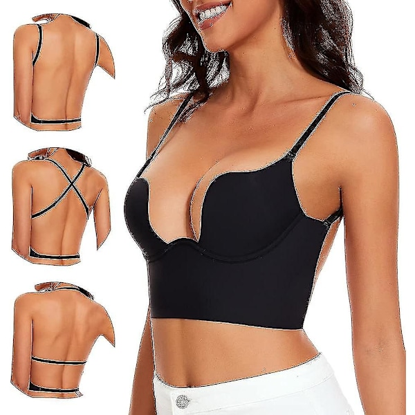 Lavryggede bh'er til kvinder - sømløse dybe U-plunge rygløse bh'er konvertible multiway lavtsnittet åben ryg bh halter bh'er - Perfet Black 36D