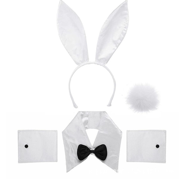 Påskefest Bunny Cosplay Sett Bunny Ears Pannebånd Krage Bue Mansjetter Kaninhale - Perfet White