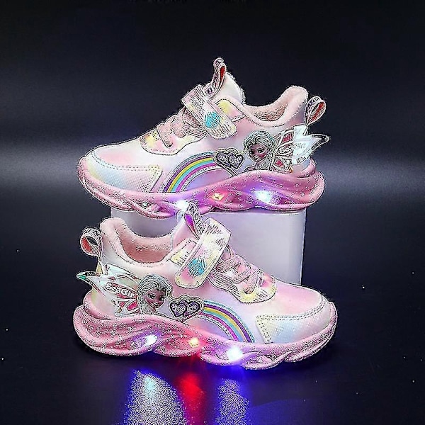 Flickor LED Casual Sneakers Elsa Princess Tryck Utomhusskor Barn Lysande Halkfria Skor för Vår och Vinter-Perfekt Pink P 36-insole 22.4cm