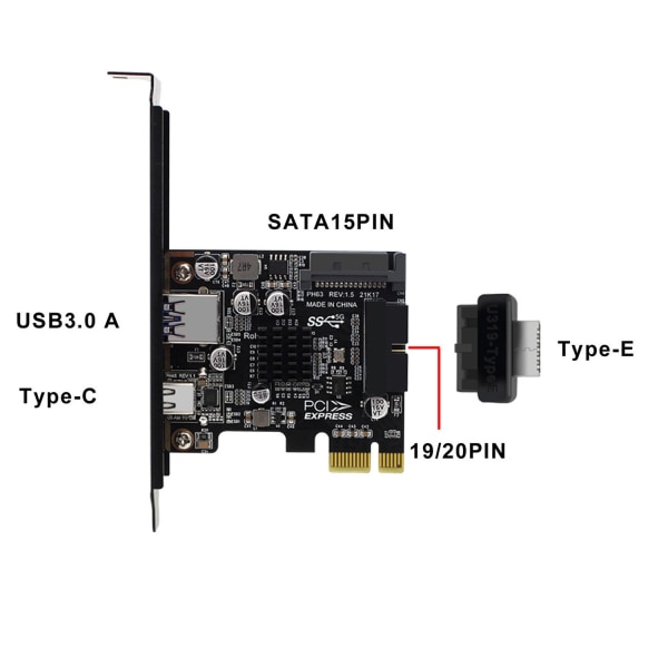 PCIE 3.0 till USB3.0 A Typ C 5 Gbps Dataöverföring Snabbladdning USB-C Controller PCI-E Typ E 19P 20P Typ E-kort - Perfet Half height baffle