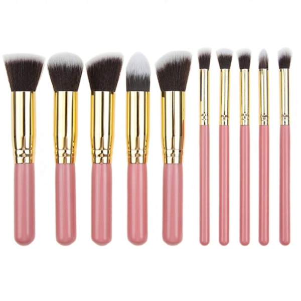 10 stk. Makeup Brush Set - Lintfri, Tætte Børstehår, Blød Pudder, Foundation, Contour, Blush, Concealer - Perfekt Gold & Pink