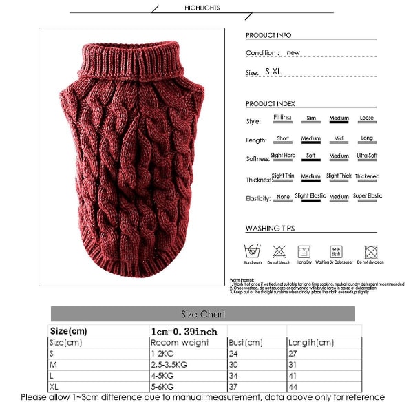 Pet Dog Turtleneck strikket genser Vintervarmer Fortykningsgenser Strikket heklet frakk Klær for liten middels stor hundevalp - Perfet Red S