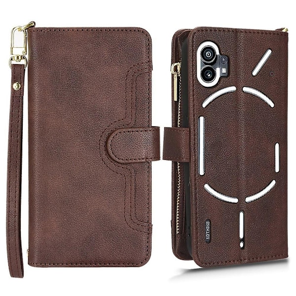 Kompatibel med Nothing phone (1) 5G Lommebokdeksel med glidelåslomme, stativ, håndstropp og skulderstropp - Perfekt Brown Style D Nothing phone (1) 5G