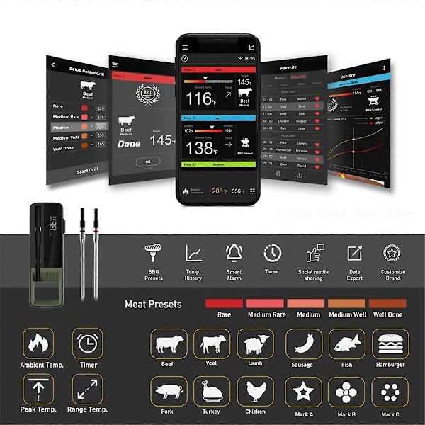 Trådløst Mat Kjøtt Termometer Smart Digitalt Bluetooth BBQ Termometer for Kjøkken Matlaging Ovn Grill-Perfekt 2 Probes