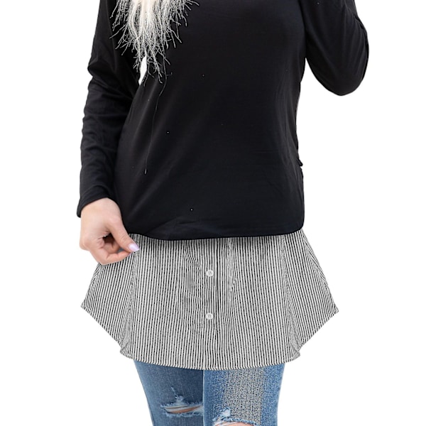 Naisten Paita-Pidennin Säädettävä Kerroksittainen Teko-Yläosa Hemin Paita Puoli Pitkä Minihame (Monivärinen, XL) - Perfet Black-White Stripes L