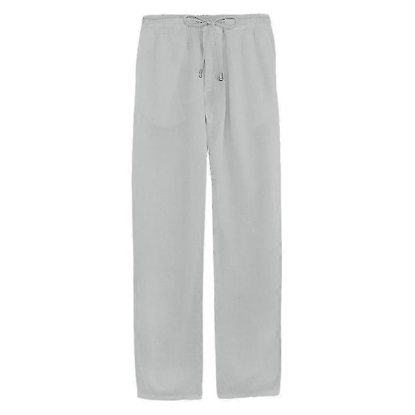 Mäns elastiska midje-bomulls- och linnebyxor, avslappnade strandbyxor, raka, bekväma byxor - perfekta Grey M