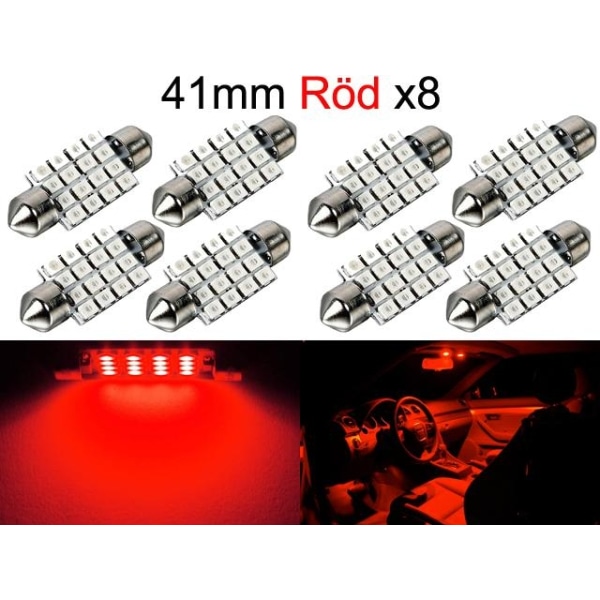 Spollampa 41mm 42mm röd Led 2835SMD 8-pack C5W SV8.5- Perfet red