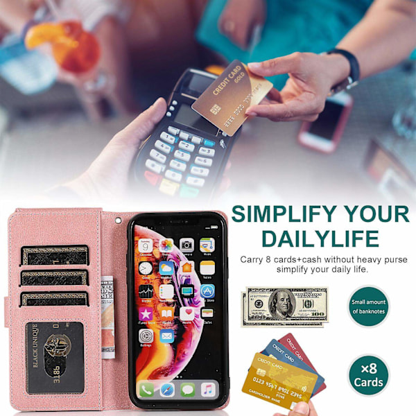 Kompatibel med iPhone Xr Cover, 8 Kort Slots Retro Læder Wallet Stødsikkert Flip Kickstand Cover med Lynlåslomme-Perfet Rose Gold