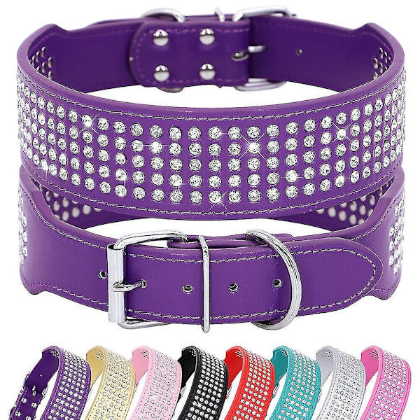 5-Raders Hundesett med Strass i PU-Lær, Diamant Bling for Store Hunder 2,0\" Bred - Perfekt Purple XL Neck 48-55cm