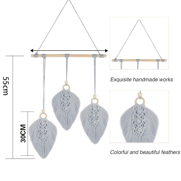 Makrame-seinäkoriste Boho Woven Gobestry Leaf Design -seinäkoristelu- Täydellinen Gray