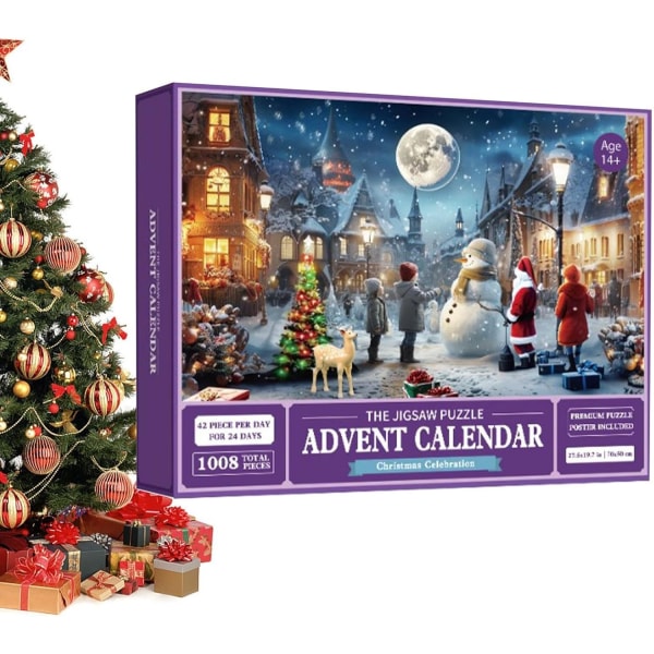 Jule-adventskalenderpuslespil, adventskalender 2023-puslespil, 24 brikker 1008 puslespil Julegavenedtælling