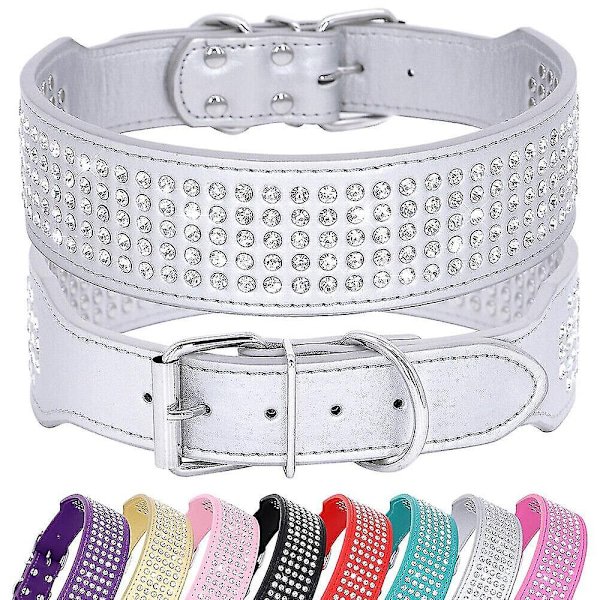 5-Raders Hundesett med Strass i PU-Lær, Diamant Bling for Store Hunder 2,0\" Bred - Perfekt Silver 2XL Neck 53-60cm