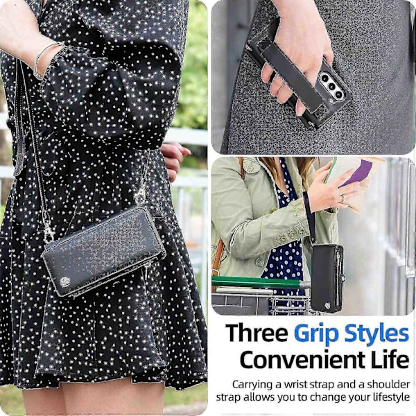Kompatibel med Samsung Galaxy Z Fold 5 Wallet Case, Z Fold 5 Etui med S Pen Holder med Rem & Lynlås Magnetisk Flip Læder Cover - Perfekt Black