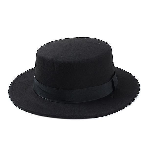 New Fashion Uld Pork Pie Boater Flad Top Hat Til Filt Sort - Perfet