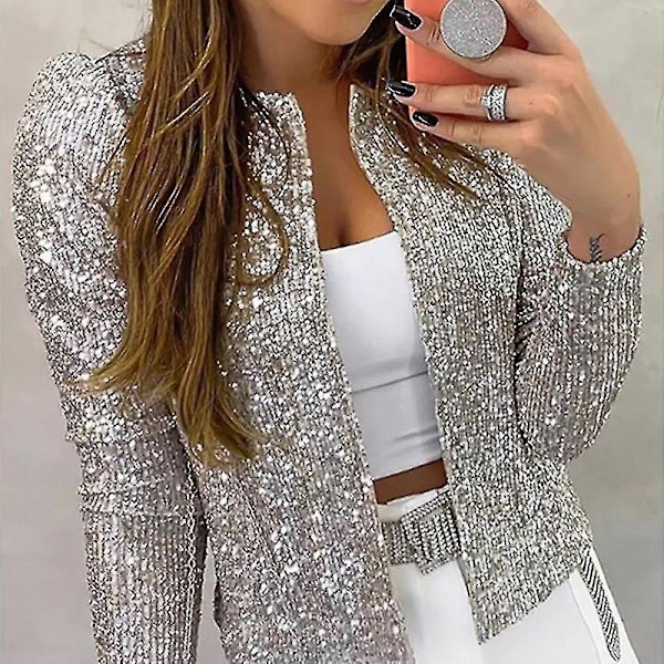 Kvinners Cardigan Lang Erme Skinnende Sekvensjakke Åpen Front Casual Damejakke-Perfet Gold M