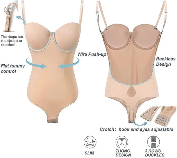 Rygfri Kropsformer til Kvinder Push Up BH Lav Ryg Thong Bodysuit-Perfet Nude S