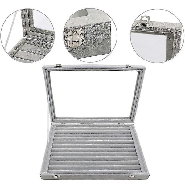 Sammet smyckeskrin smyckeshållare med genomskinligt glaslock - Perfekt Grey
