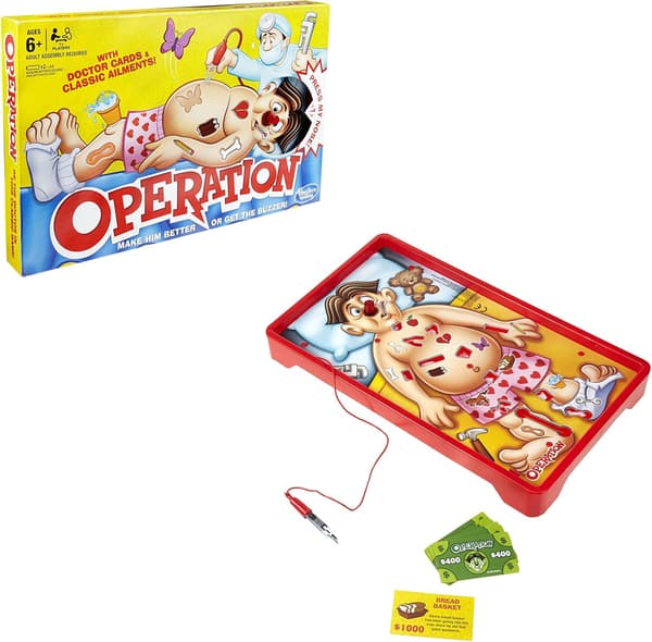 Klassiska spelet Operation, elektronisk utrustning och barnstädning för åldrarna 6 och uppåt.