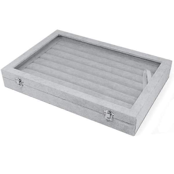 Sammet smyckeskrin smyckeshållare med genomskinligt glaslock - Perfekt Grey