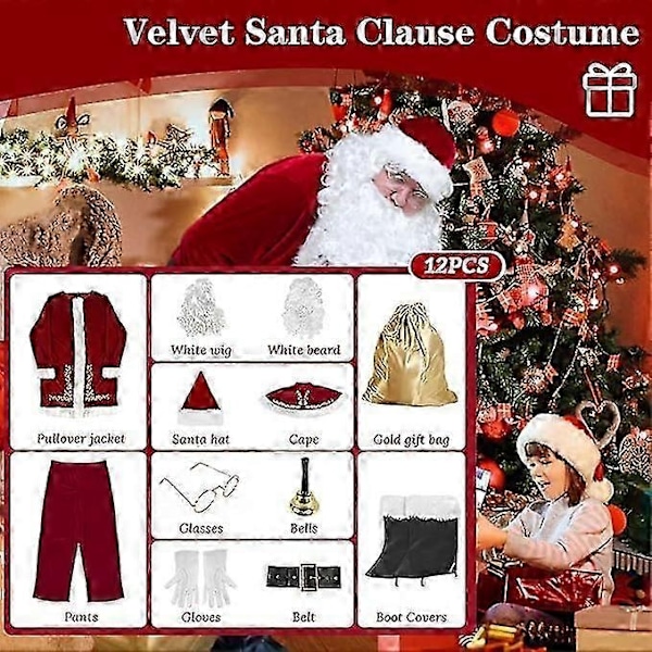 Julemandskostume Sæt 12 Dele Voksen Deluxe Fløjl Julemandskostume Sæt, Julemandsdragt i Deluxe-udgave til mænd, til mænd i juleferien - Perfekt 3XL