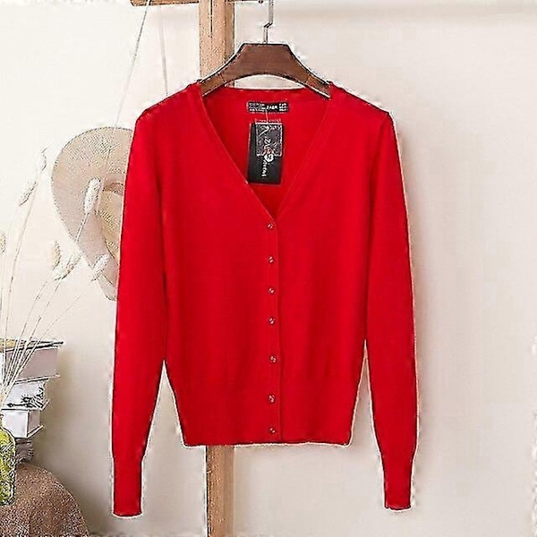 Afslappet Cardigan Sweater til Kvinder Efterår Vinter Kvinder Ensfarvet V-hals Langærmet Plus Størrelse Strikket Sweater Frakke Hæklet-Perfet Color A002 Red XL