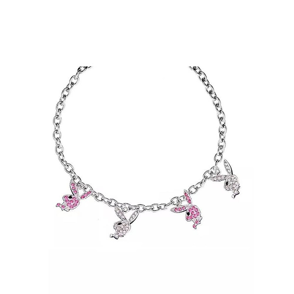 Halskjede i rustfritt stål Rhinestone Playboy Rabbit Pendant Punk Chain Choker for kvinner - Perfet silver