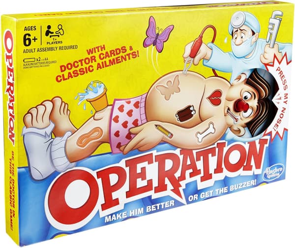 Klassiska spelet Operation, elektronisk utrustning och barnstädning för åldrarna 6 och uppåt.