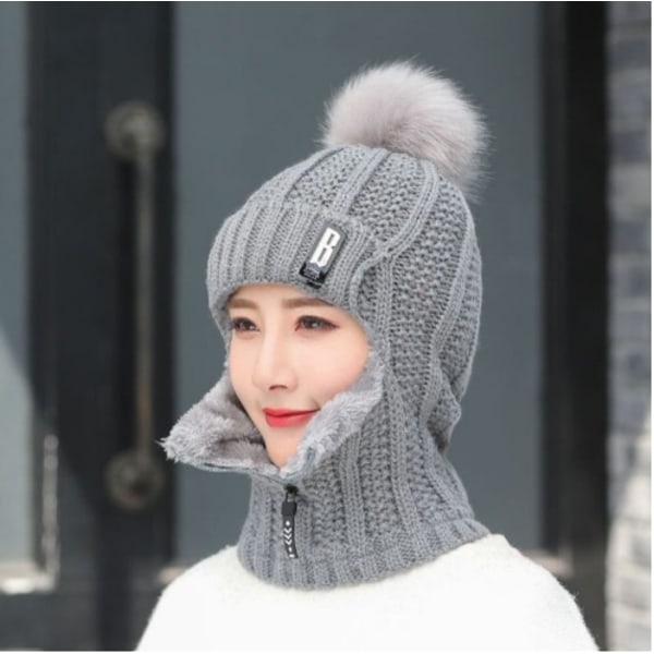 ull stickad mössa för kvinnor Vindtät vinter utomhus skid stickad halsduk - Perfet grey