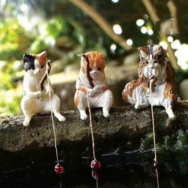 Fiskande Katt Ornament Akvarium Dekoration Akvarium Landskapsarkitektur Tecknad Katt Staty Mini Resin Figurin Hemdekorationer-Perfet style five