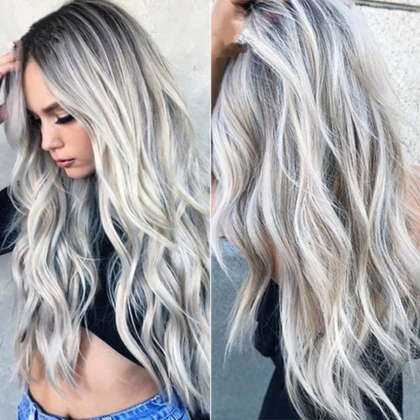 kvinnor lång gradient grå peruk lockigt vågigt hår mode peruk - Perfet