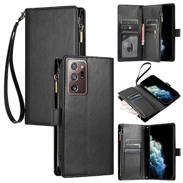 Kompatibel med Samsung Galaxy Note 20 Ultra Wallet Case Premium Lynlås Stor Plads Flip PU Læder Cover - Perfekt Black