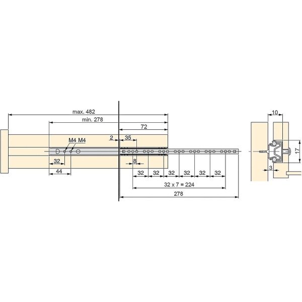 Pakke med 5 par (10 stk) Slider/kuleslider Uttrekksdel 17mm X 278mm for boks, galvanisert - Perfet 185mm