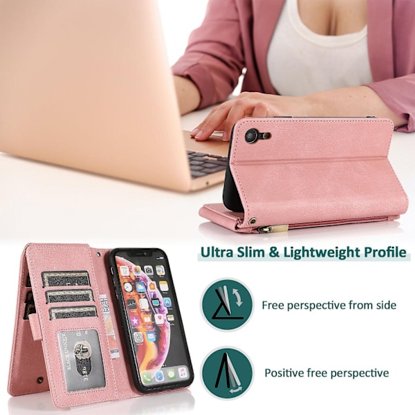 Kompatibelt med iPhone Xr Skal, 8 Kortplatser Retro Läder Plånbok Stötsäkert Flip Ställskydd med Dragkedja Ficka-Perfet Rose Gold