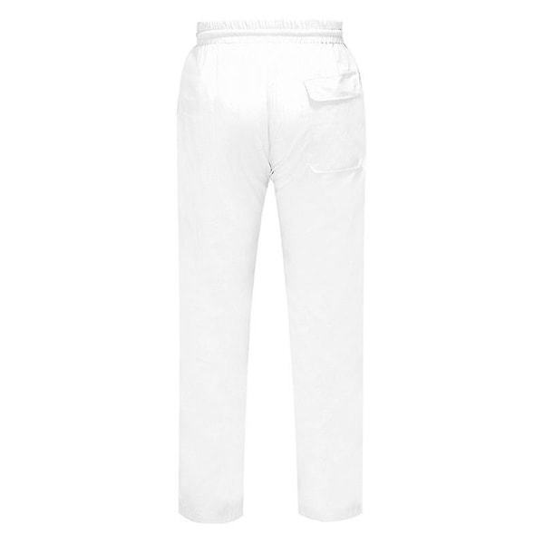 Mäns elastiska midje-bomulls- och linnebyxor, avslappnade strandbyxor, raka, bekväma byxor - perfekta White 2XL
